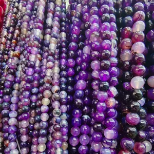 Purple striped agate loose beads, translucent round gemstone beads for DIY jewelry making.
