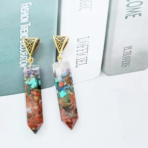 Colorful chip resin pendant hexagonal crystal stone necklace with golden bail cap decor.