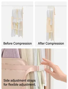 Pannello di compressione per vestiti pieghevole con cinghia regolabile per armadio.