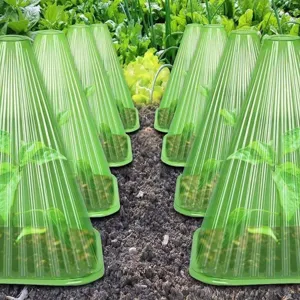 Plant nursery protection covers, green plastic garden cloches for seedlings frost protection.