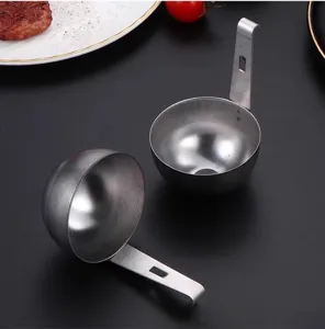 Stainless steel hanging egg poacher spoon for kitchen cooking, durable poacher tool for breakfast.