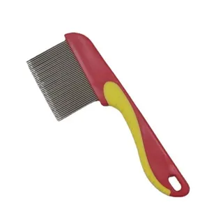 Close-up of a stainless steel flea comb featuring a red and yellow ergonomic handle design