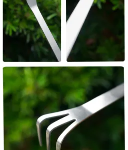 Mini rastrillo de jardín de tres dientes de acero inoxidable para bonsáis y plantas en maceta.