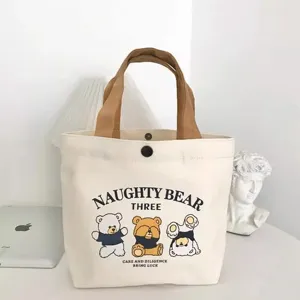 Women Canvas Handbag Cute Cartoon Bear Print Tote Bag Casual Daily Small Square Bag Portable Shopping Bag