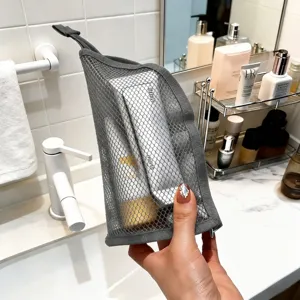 Grey mesh toiletry bag portable travel makeup pouch hanging cosmetic organizer for women