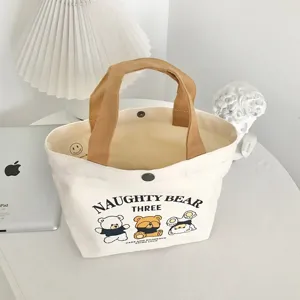 Canvas tote bag minimalist small handbag cute bear print beige casual bento bag