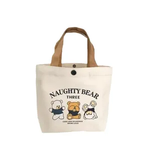 Cute bear print canvas tote bag, portable handbag and lunch bag for daily work use.