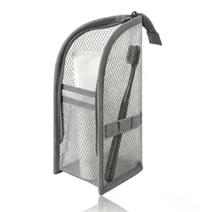 Upright travel toiletry bag with mesh design, portable cosmetic organizer for toothbrush.