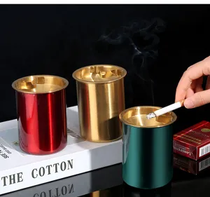 Stainless steel windproof ashtray detail showing the creative funnel anti-ash design and colors.