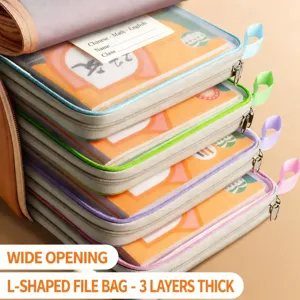 Multi-layer student file bag with zipper, clear mesh document folder for school stationery.