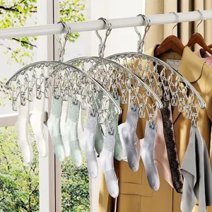Stainless Steel Windproof Sock Drying Rack Multi Clip Arc Clothes Hanger For Laundry Balcony Home Organization Metallic Silver Drying Rack