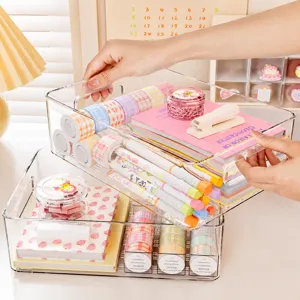 Clear acrylic desktop storage organizer with dual handles for office makeup and stationery.