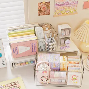 Clear acrylic desktop storage box for cosmetics, snacks, and stationery organizer rack.