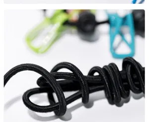 Closeup view of the black elastic travel clothesline, showing durable braided texture for outdoor.