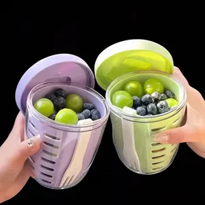 Portable Salad Cup Double Layer Drainable Fruit Cup With Fork Food Grade Plastic Leak-Proof Breakfast Cereal Cup