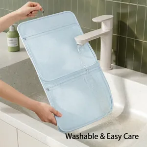 Hanging mesh underwear storage bag with multi-layer pockets for closet and bathroom organization.
