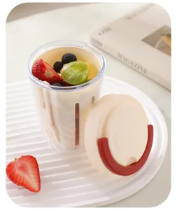Portable double layer fruit salad cup with fork and lid, clear plastic breakfast container