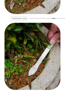 Detalle de herramienta de deshierbe de jardín de acero inoxidable en tierra, accesorio útil.