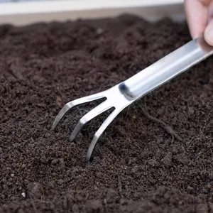 Rastrillo de suelo para bonsái de acero inoxidable de 3 púas mini herramienta de jardín para macetas.