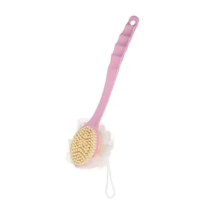 Long handle bath brush with loofah, pink double sided body shower brush for back scrubbing.