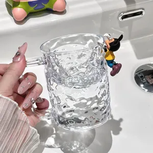 Transparent glass gargle cup with cute 3D cartoon character design, stylish household toothbrush mug.