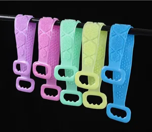 Silicone back scrubber strap for shower, dual-sided bathing brush with handles for daily use.