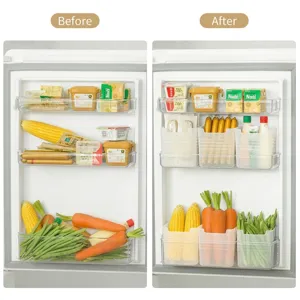 Transparente Kühlschrank-Organizer für Lebensmittel und Gemüse im Vorher-Nachher-Vergleich