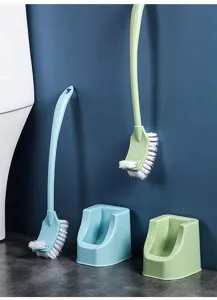 Set di spazzole per WC a manico lungo con supporto, dettaglio strumento di pulizia bagno.