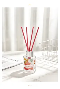 Aromatherapie Diffusor Set mit Blumenmuster Flasche und rosa Duftstaebchen fuer Zuhause.