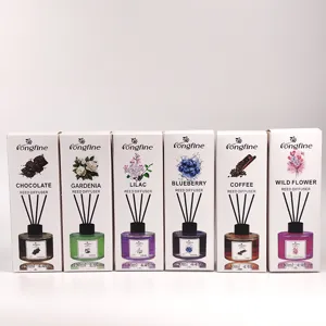 Detail of Congfine 130ml reed diffuser set with six scents like coffee and floral.
