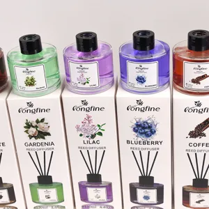 Detailed view of Longfine reed diffuser set with various scents like gardenia and blueberry.