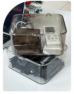 Detailed view of clear acrylic flip-top storage box, dustproof and large capacity design.