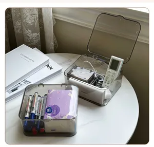 Clear acrylic storage box with flip lid for desktop cosmetic and mask organization.