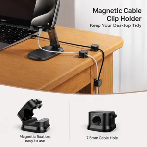 Magnetic cable organizer for desk and car, cord holder clip for phone charger wires, black