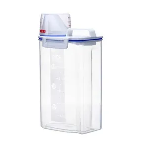 Transparenter Plastik Reis-Vorratsbehälter mit Messbecher und Griff für die Küchenaufbewahrung.