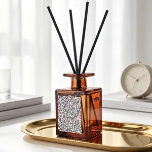 Crystal diamond reed diffuser bottle amber glass home fragrance room decor set with tray