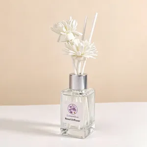 Diffusore di aromi minimalista con bastoncini di fiori bianchi e flacone in vetro per la decorazione.