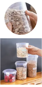 Gedetailleerd overzicht van doorlopende plastic voorraadpot met schaalverdeling in keuken.