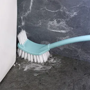 Brosse de toilettes à long manche avec poils blancs denses et design bleu pour un nettoyage aisé.