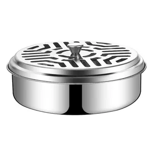 Stainless steel mosquito coil holder box with lid, fireproof ash tray for home daily use.