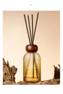 Detailaufnahme einer eleganten mattierten Glas-Duftdiffusorflasche mit Holzdeckel für Zuhause.