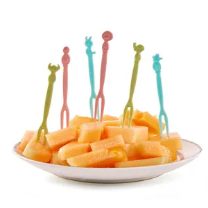 Cute plastic fruit forks set with various cartoon animal shapes, ideal for home parties.