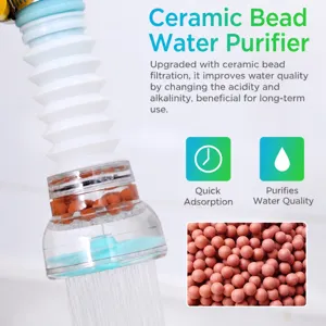 Faucet water filter extender with extension hose and Maifan stone balls for kitchen sink use.