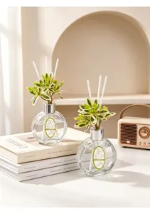 Detailansicht des Grünpflanzen-Diffusors, Glasflasche mit Aromablendöl für gemütliche Heimdeko.