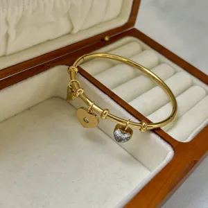 Dettaglio di eleganti ciondoli a cuore placcati oro 18K su un bracciale in acciaio inox