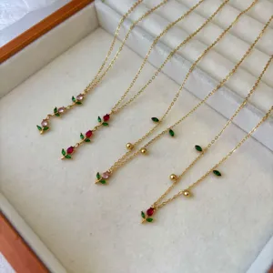 Elegante Tulpenkette Edelstahl Vergoldet Schlüsselbeinkette Zirkonia Blumenanhänger Blatt Charms Für Damen Schmuck