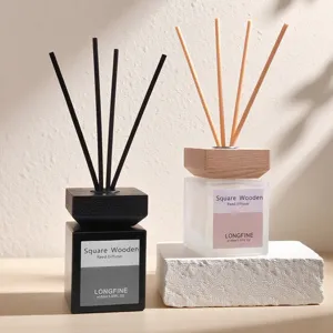 Difusor de Varillas de Vidrio Esmerilado Cuadrado Con Tapa de Madera Aceite Esencial Fragancia Para Decoración de Oficina