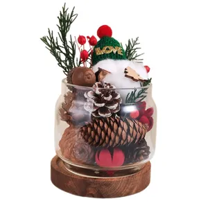 Natale aroma fiore secco vaso di vetro ornamento con base in legno pigna decoro