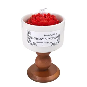 Vergulde camelia geurkaars retro keramiek kelk houten voet slaapkamer cadeau decor