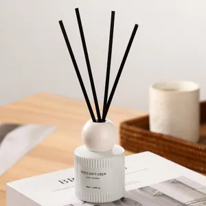 Minimalist white ceramic reed diffuser set with black fragrance sticks for home decor.